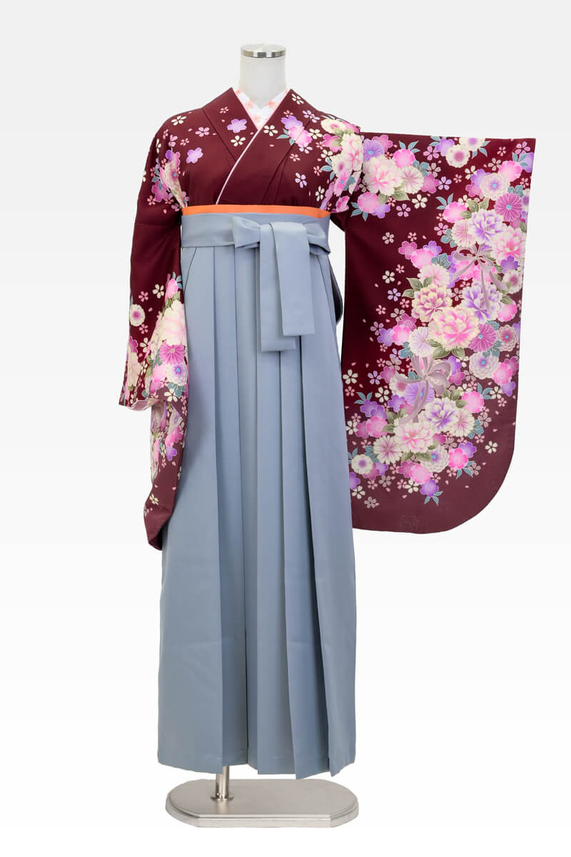 【卒業式袴宅配ネットレンタル/コーデ/古典/通販レンタル】かわいい上品エレガント（オシャレ)　赤/グレー  AA9274_WHG019