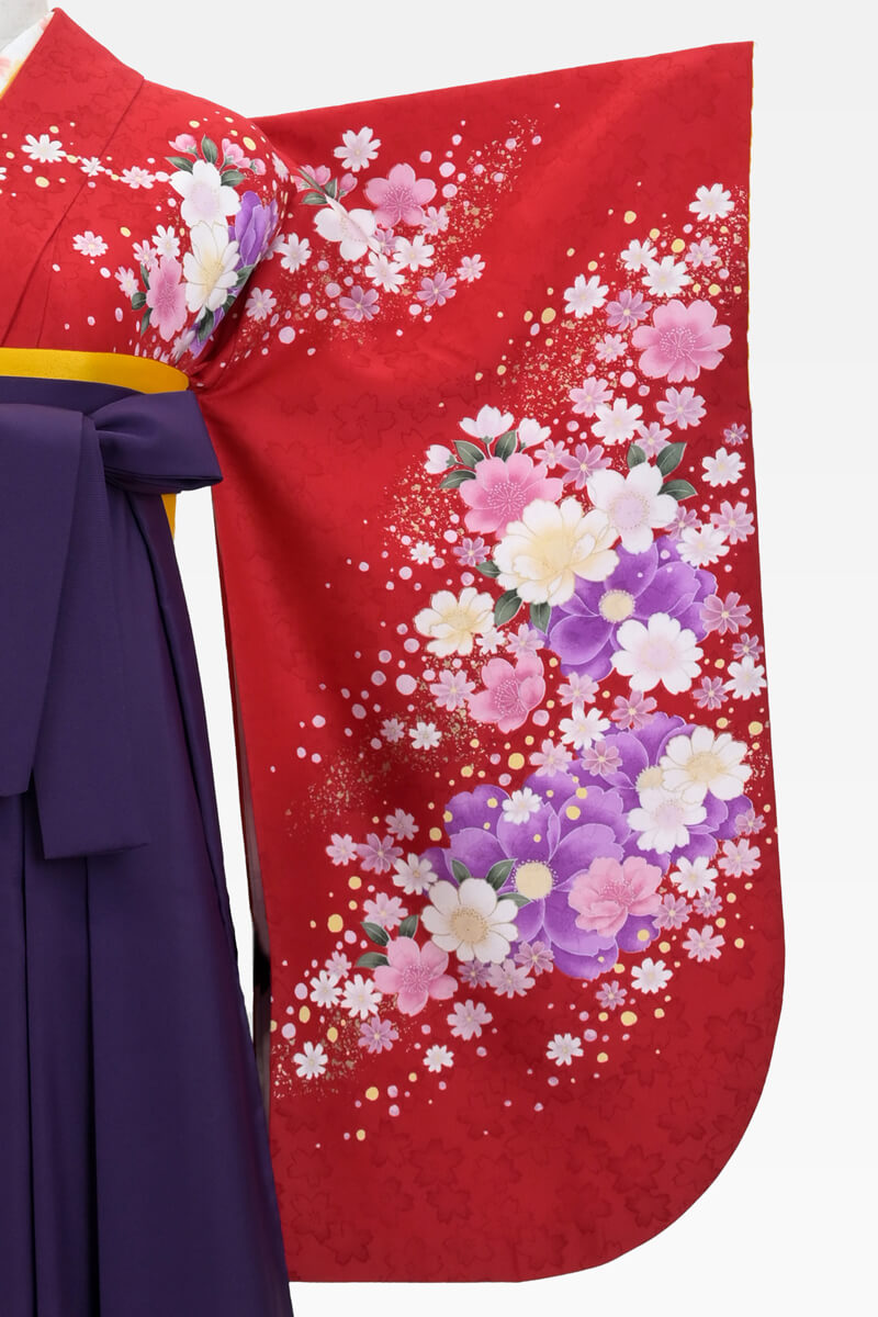 着物】赤に八重ｻｸﾗ+【袴】ムラサキ│ネットで簡単・便利に☆袴レンタル