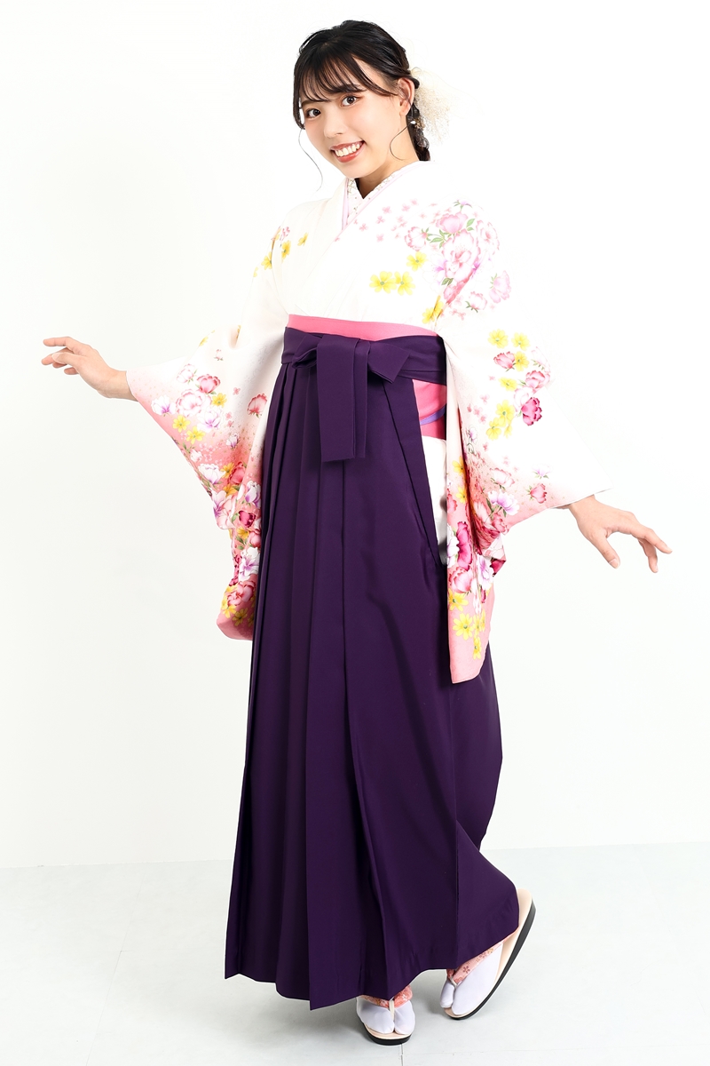 着物】白地ﾋﾟﾝｸ袖洋花+【袴】ムラサキ│ネットで簡単・便利に