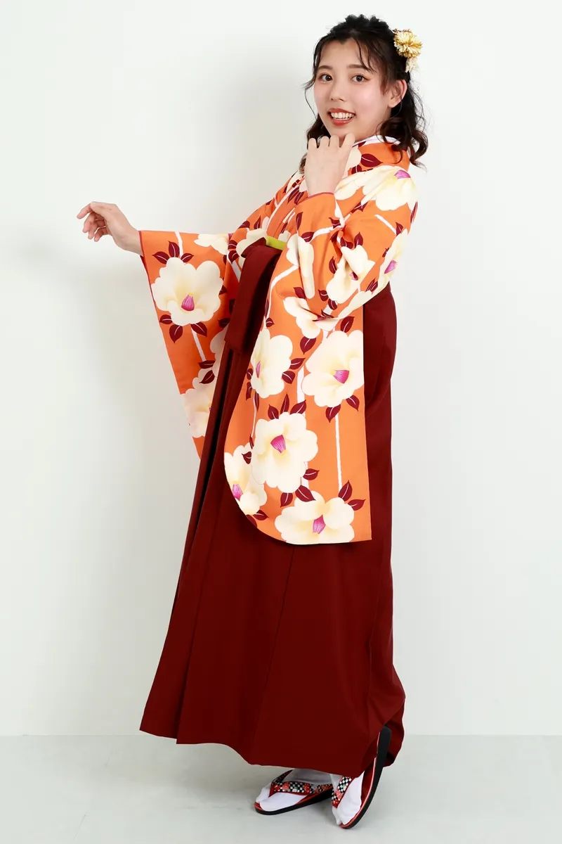 着物】ｵﾚﾝｼﾞに大椿と縞+【袴】エンジ│ネットで簡単・便利に☆袴