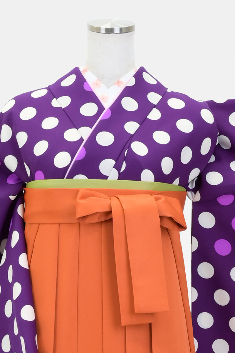 薄い紫オレンジの着物と帯のセット 着物】紫地に白水玉+【袴】オレンジ│ネットで簡単・便利に☆袴